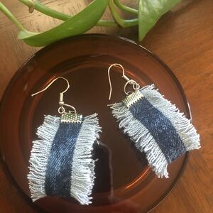 Fringed Denim Stripe Drop Earrings - Women Accessories